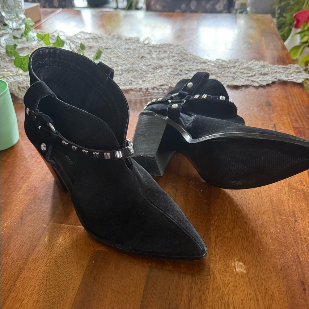 Chinese Laundry Black Ankle Boots with Silver Stud Accents Strappy Pointed Toe
